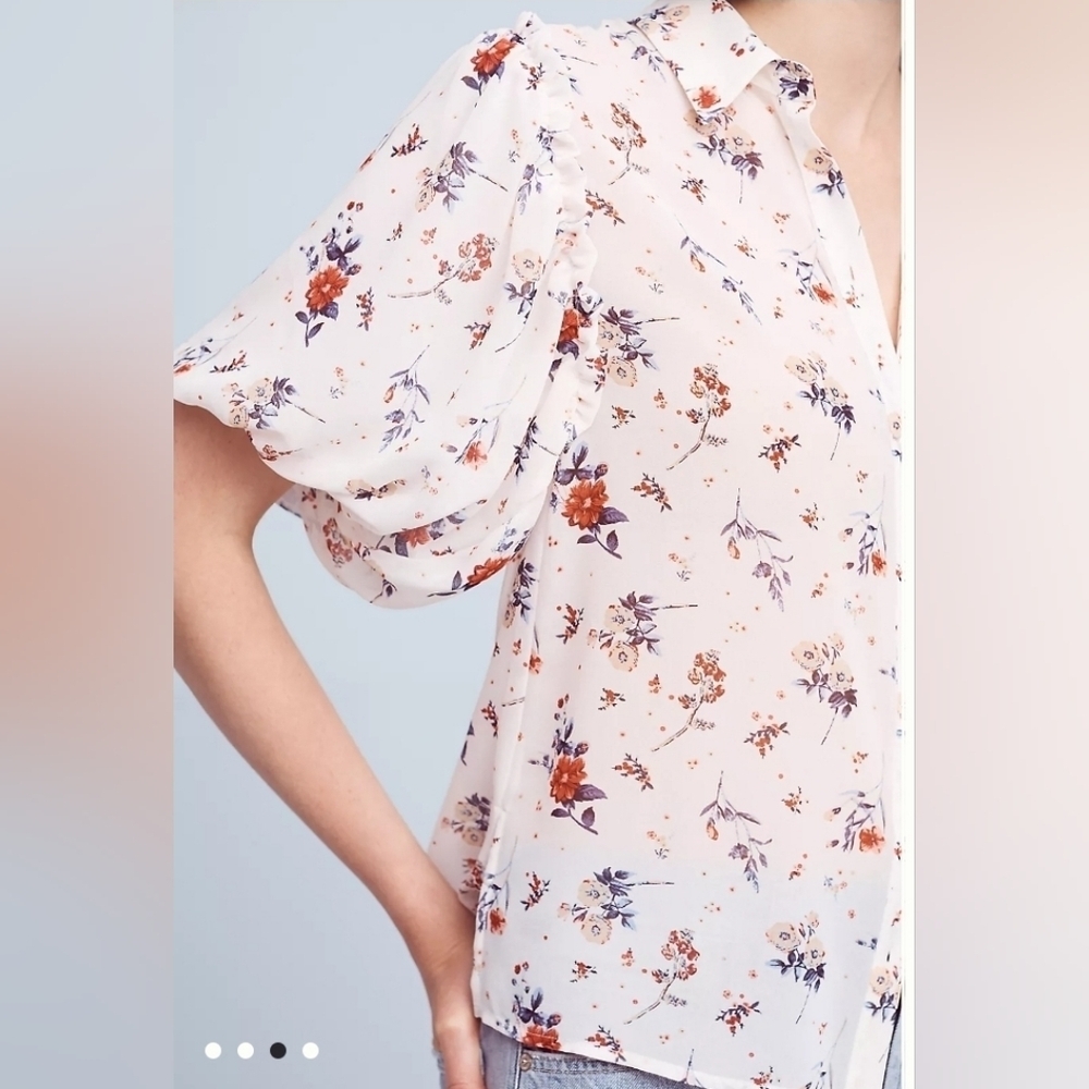 Anthropologie Maeve Dellaroe Floral Blouse Size Large Cottsgecore Ditzy Neutral - Picture 7 of 16